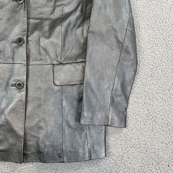 Terry Lewis Leather Blazer Jacket Women Medium Silver 3 Button Lined Luxury Coat - Picture 14 of 16